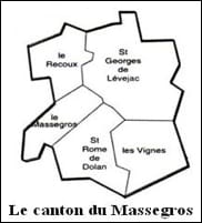 Carte du canton du Massegros : Le Recoux, Saint-Georges-de-Lévejac, Le Massegros, Saint-Rome-de-Dolan, Les Vignes